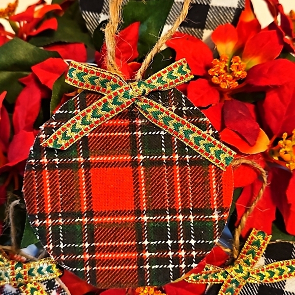 Hand Crafted Upcycled farmhouse decor Christmas hanging ornaments plaid fabric - Picture 10 of 17